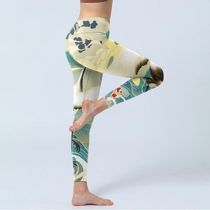 Leggings de yoga para mujer con estampado de Buddha Stones, grullas, flores de ciruelo y montañas - image 5