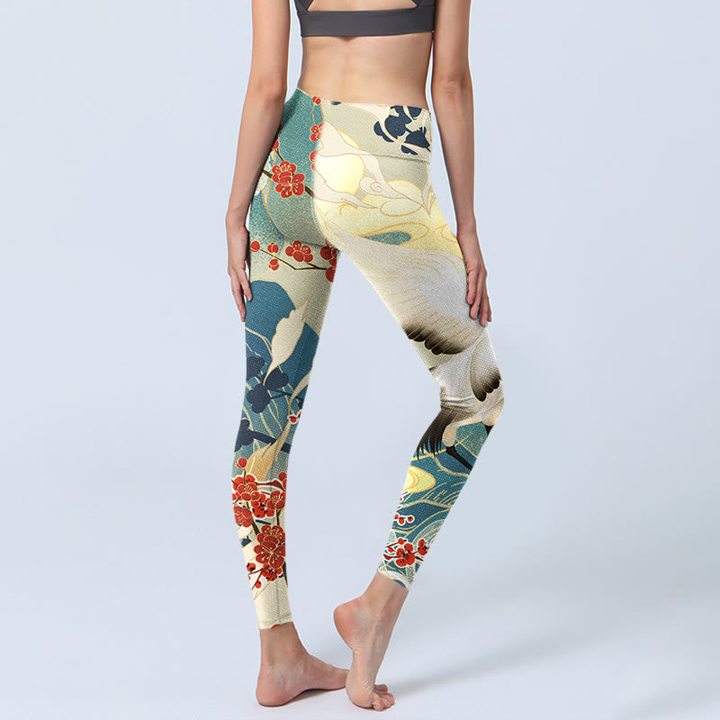 Leggings de yoga para mujer con estampado de Buddha Stones, grullas, flores de ciruelo y montañas - image 3