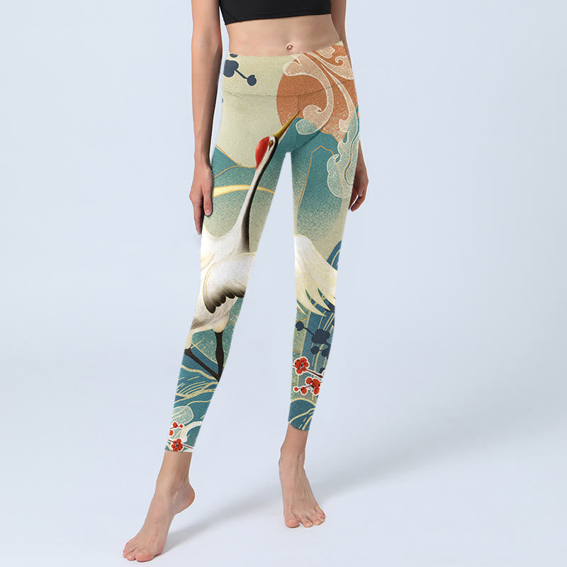 Leggings de yoga para mujer con estampado de Buddha Stones, grullas, flores de ciruelo y montañas - image 6