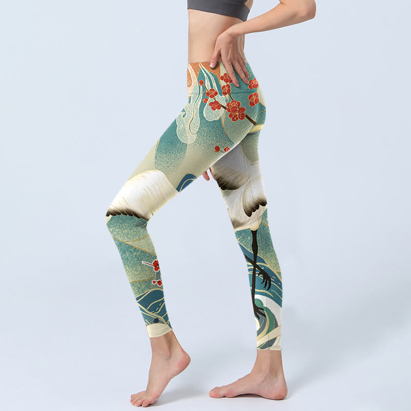 Leggings de yoga para mujer con estampado de Buddha Stones, grullas, flores de ciruelo y montañas - image 3