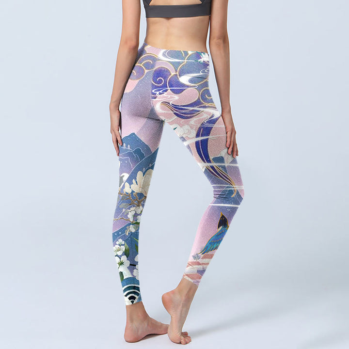 Leggings de yoga para mujer con estampado de Buddha Stones, golondrinas, urracas, flores, montañas y nubes propicias - image 3