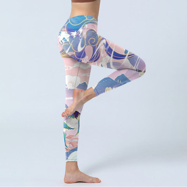 Leggings de yoga para mujer con estampado de Buddha Stones, golondrinas, urracas, flores, montañas y nubes propicias - image 5
