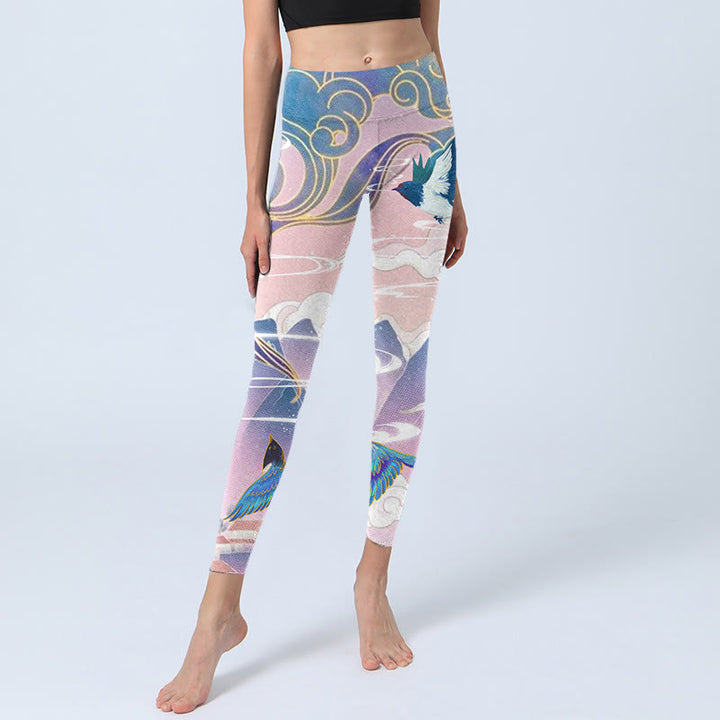 Leggings de yoga para mujer con estampado de Buddha Stones, golondrinas, urracas, flores, montañas y nubes propicias - image 6