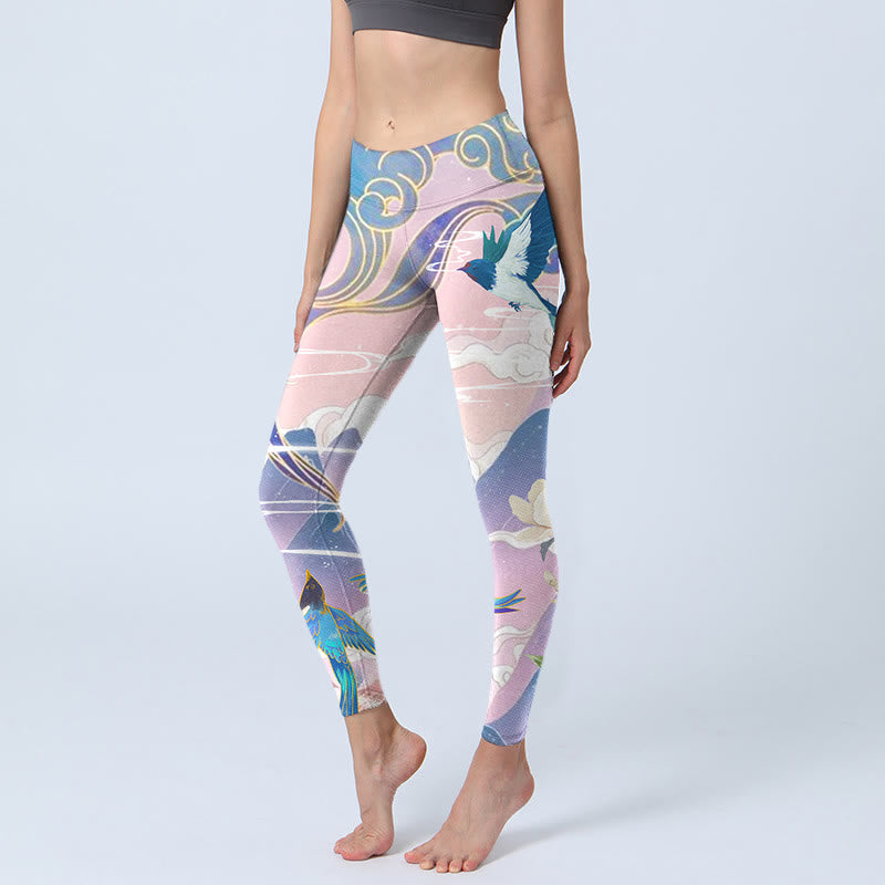 Leggings de yoga para mujer con estampado de Buddha Stones, golondrinas, urracas, flores, montañas y nubes propicias - Ciruela - US18，UK/AU22，EU50 (4XL) - image 1