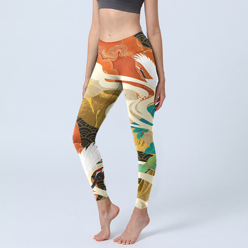 Leggings de yoga para mujer con estampado de Buddha Stones , grulla de corona roja, nubes auspiciosas y pino - Rojo indio - US18，UK/AU22，EU50 (4XL) - image 0