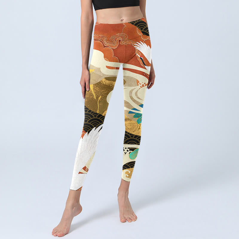 Leggings de yoga para mujer con estampado de Buddha Stones , grulla de corona roja, nubes auspiciosas y pino - image 6