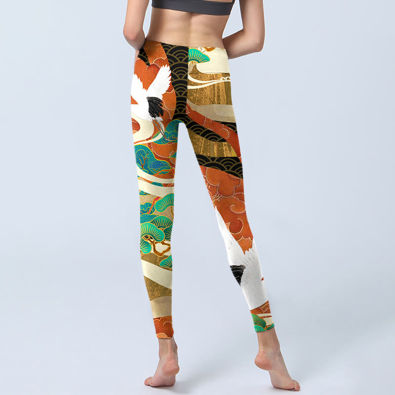 Leggings de yoga para mujer con estampado de Buddha Stones , grulla de corona roja, nubes auspiciosas y pino - image 7