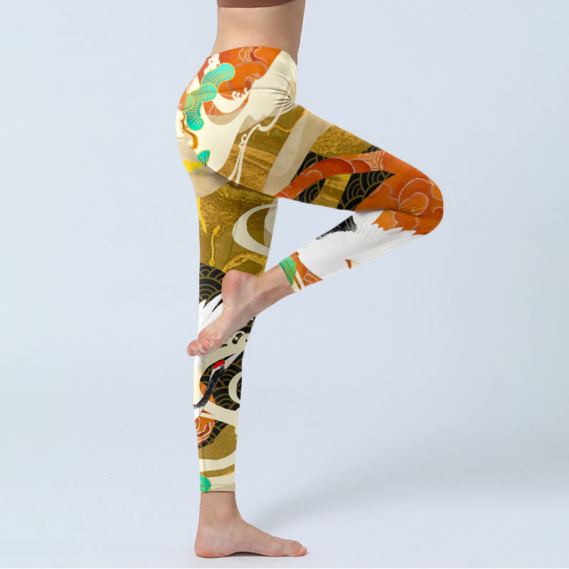 Leggings de yoga para mujer con estampado de Buddha Stones , grulla de corona roja, nubes auspiciosas y pino - image 5