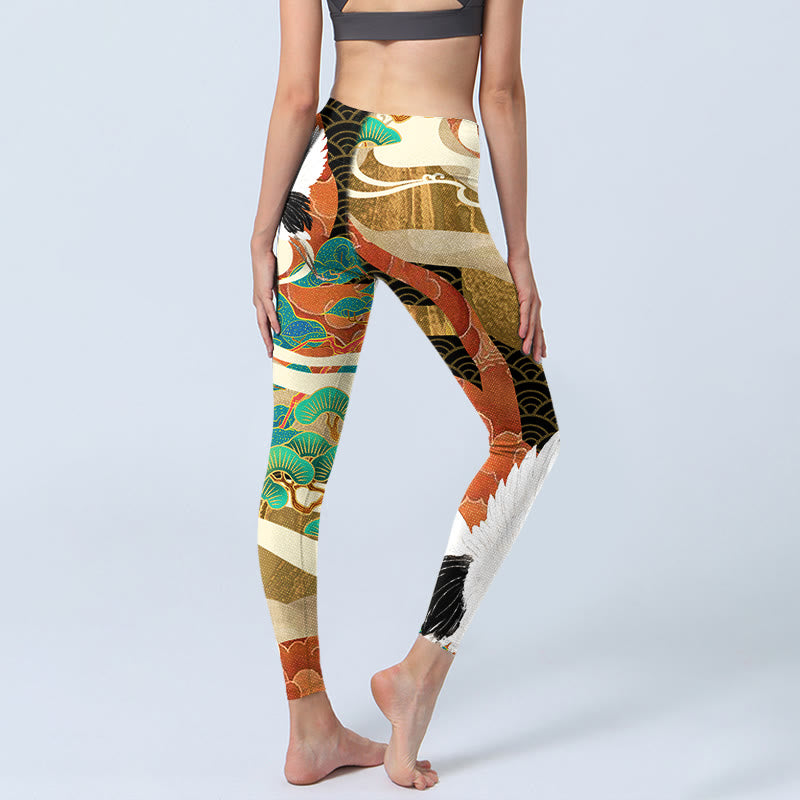 Leggings de yoga para mujer con estampado de Buddha Stones , grulla de corona roja, nubes auspiciosas y pino - image 4