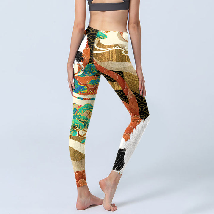 Leggings de yoga para mujer con estampado de Buddha Stones , grulla de corona roja, nubes auspiciosas y pino - image 4