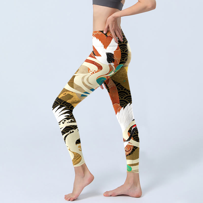 Leggings de yoga para mujer con estampado de Buddha Stones , grulla de corona roja, nubes auspiciosas y pino - image 3