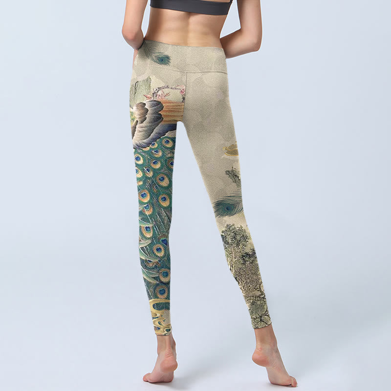 Leggings de yoga para mujer con estampado de flores de montaña, nubes auspiciosas, pavo real y Buddha Stones - image 6
