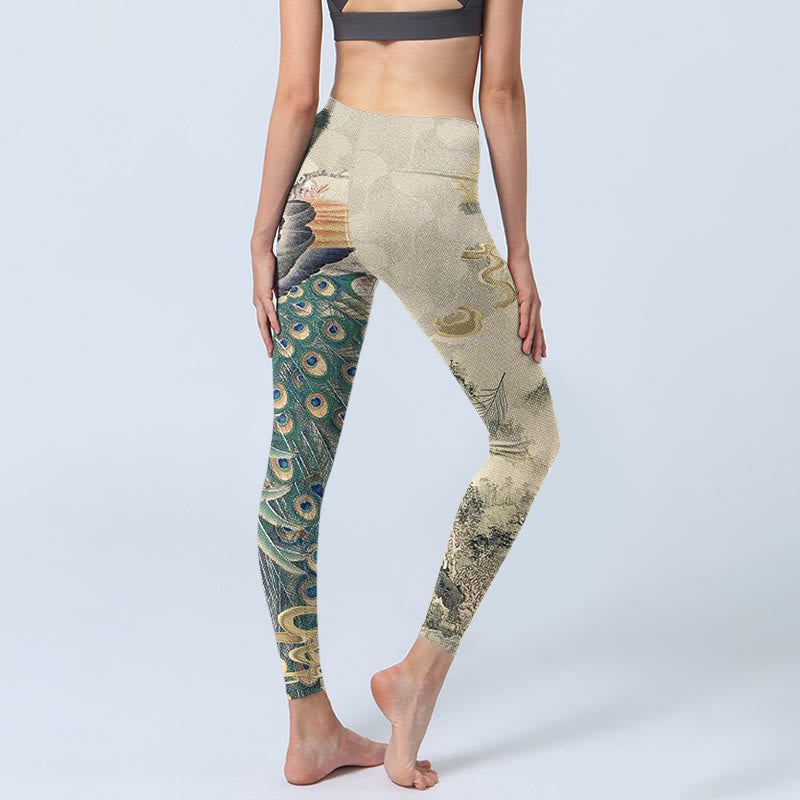 Leggings de yoga para mujer con estampado de flores de montaña, nubes auspiciosas, pavo real y Buddha Stones - image 4