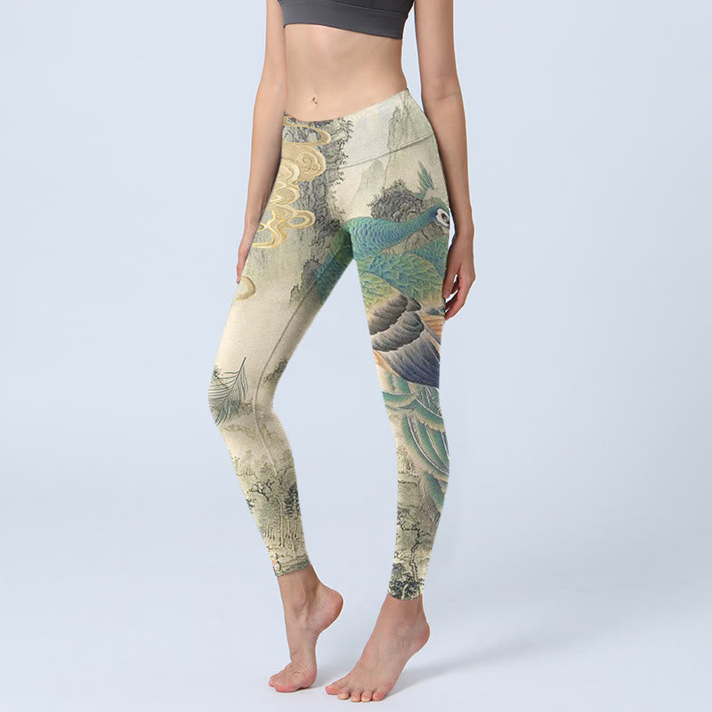 Leggings de yoga para mujer con estampado de flores de montaña, nubes auspiciosas, pavo real y Buddha Stones - Gris claro - US18，UK/AU22，EU50 (4XL) - image 0