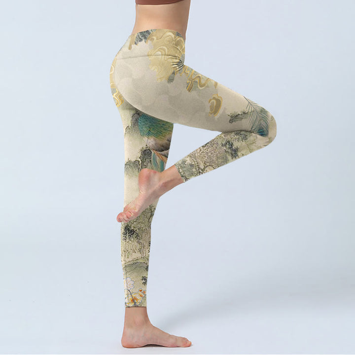 Leggings de yoga para mujer con estampado de flores de montaña, nubes auspiciosas, pavo real y Buddha Stones - image 4