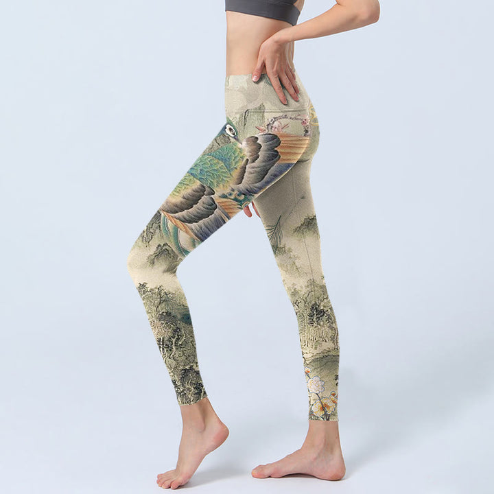 Leggings de yoga para mujer con estampado de flores de montaña, nubes auspiciosas, pavo real y Buddha Stones - image 3