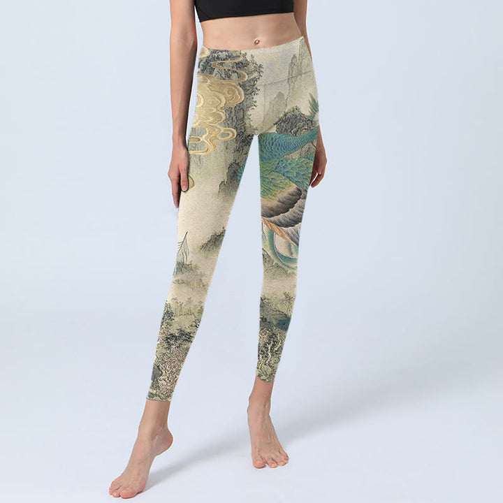 Leggings de yoga para mujer con estampado de flores de montaña, nubes auspiciosas, pavo real y Buddha Stones - image 6