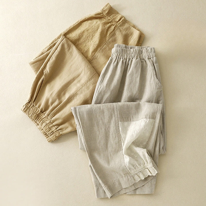 Pantalones harén de algodón para mujer, de largo 7-8, con bolsillos y bordado informal de tela de retazos y Buddha Stones - image 17