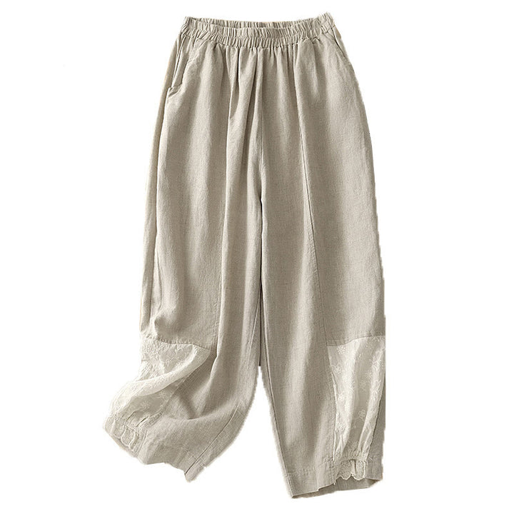 Pantalones harén de algodón para mujer, de largo 7-8, con bolsillos y bordado informal de tela de retazos y Buddha Stones - image 7