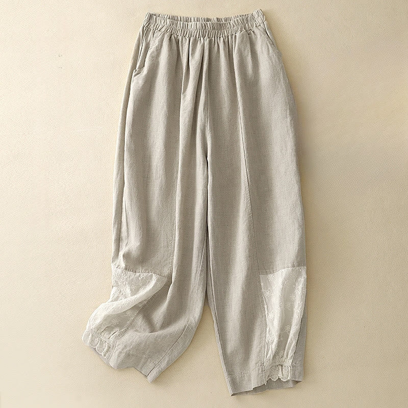 Pantalones harén de algodón para mujer, de largo 7-8, con bolsillos y bordado informal de tela de retazos y Buddha Stones - Beige - US8-10，UK/AU12-14，EU40-42 (2XL) - image 5