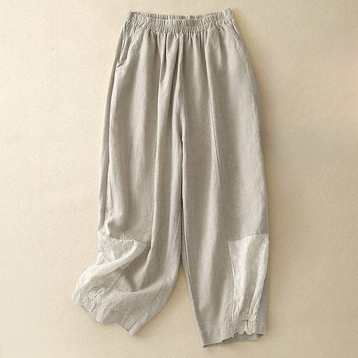 Pantalones harén de algodón para mujer, de largo 7-8, con bolsillos y bordado informal de tela de retazos y Buddha Stones - Beige - US8-10，UK/AU12-14，EU40-42 (2XL) - image 5