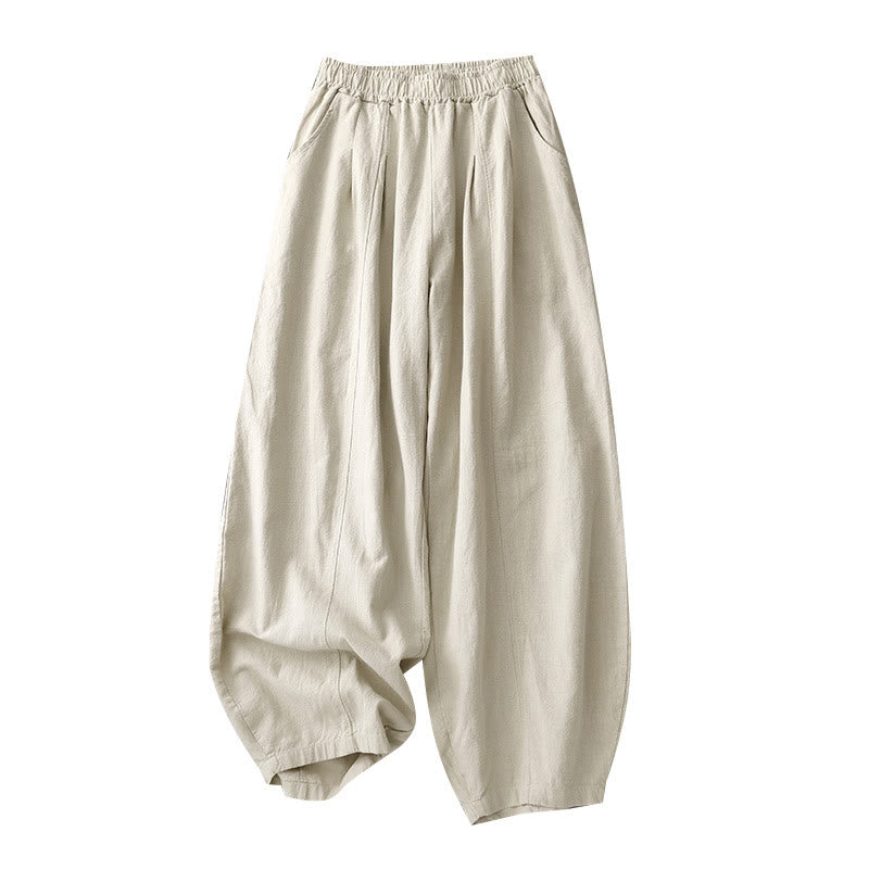 Pantalones harén de lino y algodón para mujer, informales, lisos, de largo 7-8, con bolsillos y estampado Buddha Stones