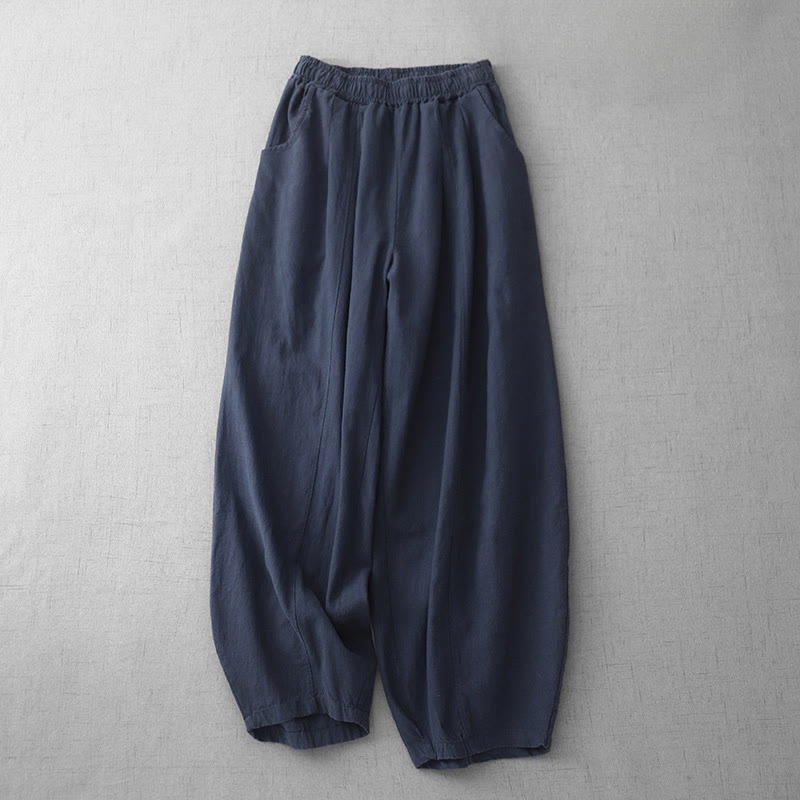 Pantalones harén de lino y algodón para mujer, informales, lisos, de largo 7-8, con bolsillos y estampado Buddha Stones