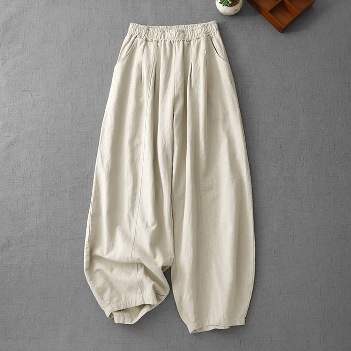 Pantalones harén de lino y algodón para mujer, informales, lisos, de largo 7-8, con bolsillos y estampado Buddha Stones