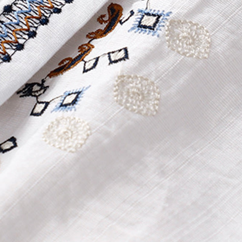 Camisa de lino y algodón de media manga con escote en V y diseño de flores bordadas de estilo bohemio para mujer con Buddha Stones - image 4