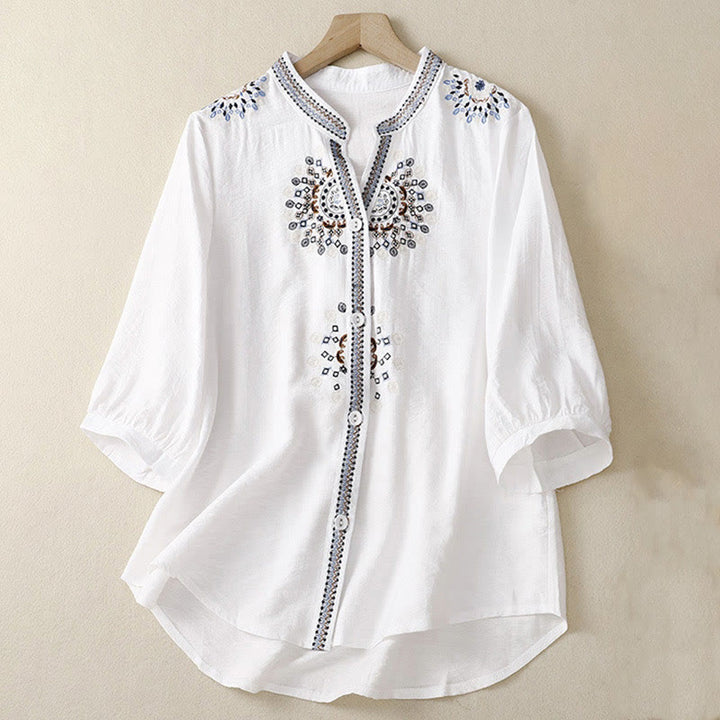 Camisa de lino y algodón de media manga con escote en V y diseño de flores bordadas de estilo bohemio para mujer con Buddha Stones - Blanco - US8-10，UK/AU12-14，EU40-42 (2XL) - image 0