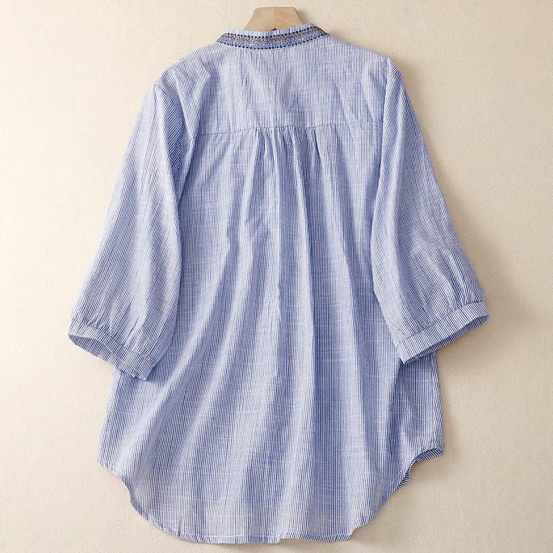Camisa informal de manga corta con cuello en V y diseño bohemio de flores bordadas con Buddha Stones para mujer. - image 6