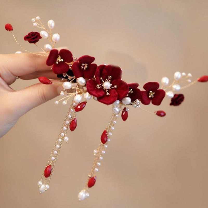 Pinza para el pelo de novia con rosas rojas y piedras de Buddha Stones para boda oriental china
