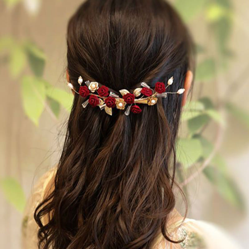 Pinza para el pelo de novia con rosas rojas y piedras de Buddha Stones para boda oriental china