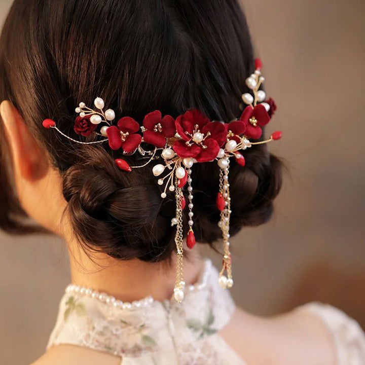 Pinza para el pelo de novia con rosas rojas y piedras de Buddha Stones para boda oriental china