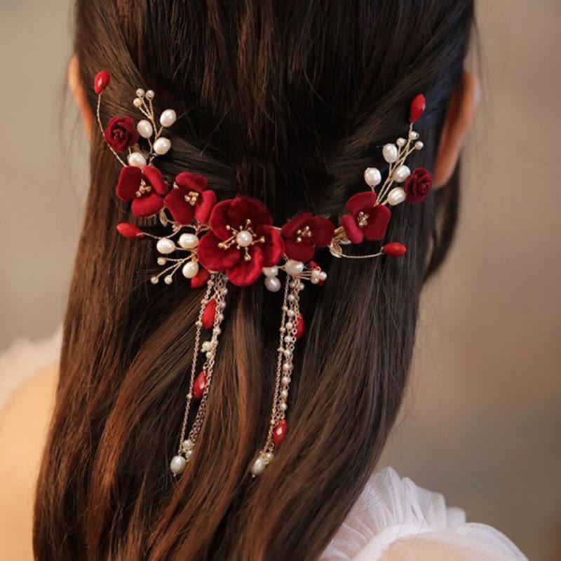 Pinza para el pelo de novia con rosas rojas y piedras de Buddha Stones para boda oriental china