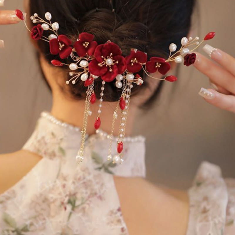 Pinza para el pelo de novia con rosas rojas y piedras de Buddha Stones para boda oriental china