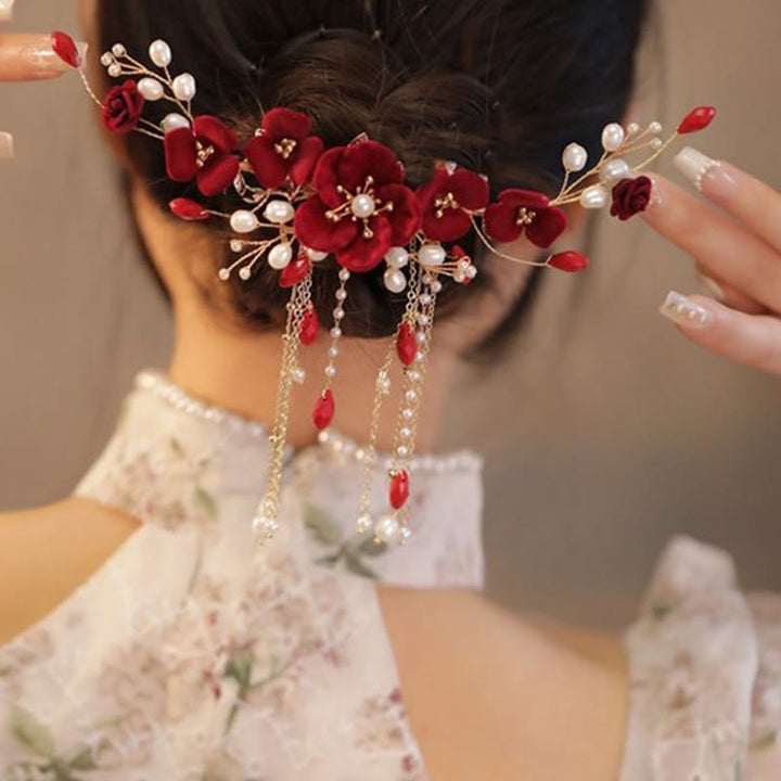Pinza para el pelo de novia con rosas rojas y piedras de Buddha Stones para boda oriental china