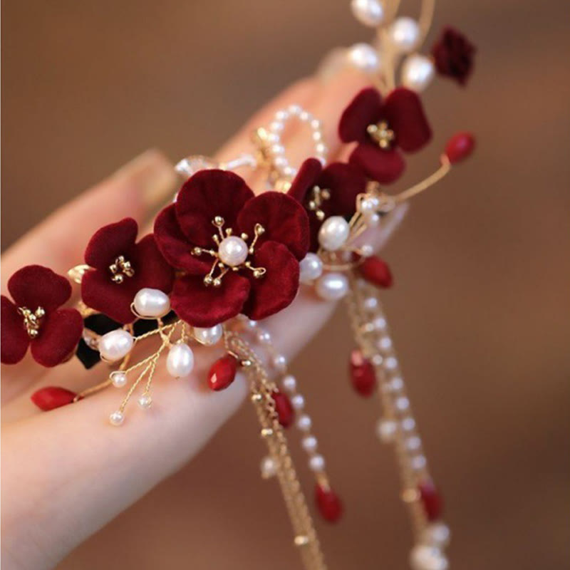 Pinza para el pelo de novia con rosas rojas y piedras de Buddha Stones para boda oriental china