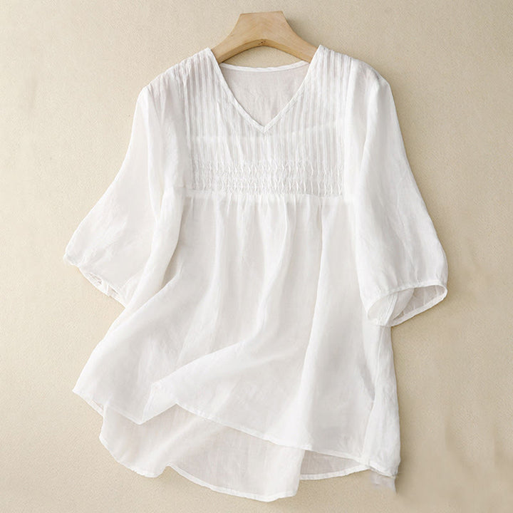Camisa de algodón de media manga, informal, holgada, con cuello en V y diseño de Buddha Stones para mujer - Blanco - US12, UK/AU16, EU44 (2XL) - image 11