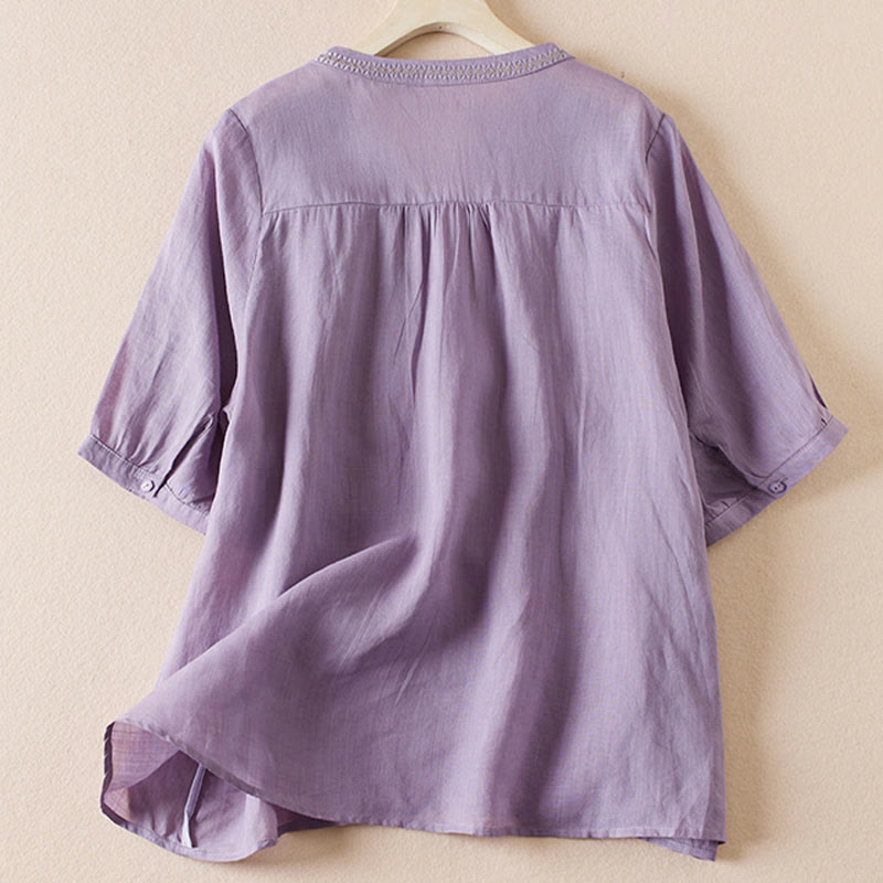 Camisa de algodón de manga corta con cuello en V y diseño de plantas bordadas informales con Buddha Stones para mujer - image 1