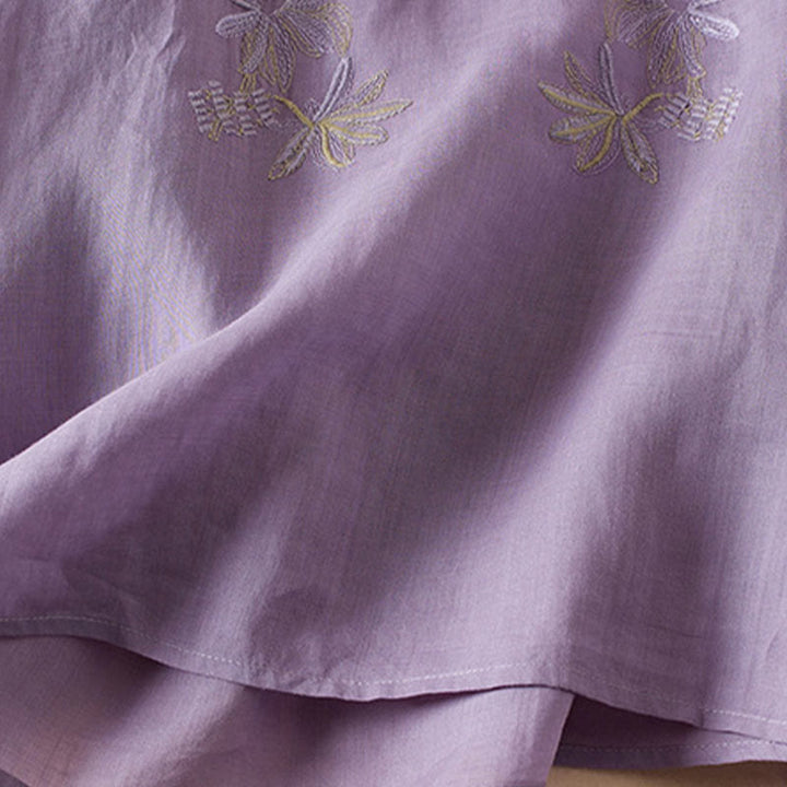 Camisa de algodón de manga corta con cuello en V y diseño de plantas bordadas informales con Buddha Stones para mujer - image 6