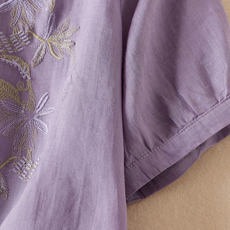 Camisa de algodón de manga corta con cuello en V y diseño de plantas bordadas informales con Buddha Stones para mujer - image 4