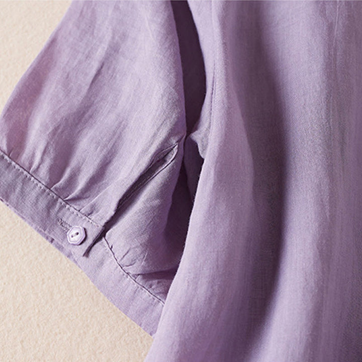 Camisa de algodón de manga corta con cuello en V y diseño de plantas bordadas informales con Buddha Stones para mujer - image 5