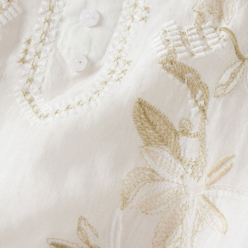 Camisa de algodón de manga corta con cuello en V y diseño de plantas bordadas informales con Buddha Stones para mujer - image 11