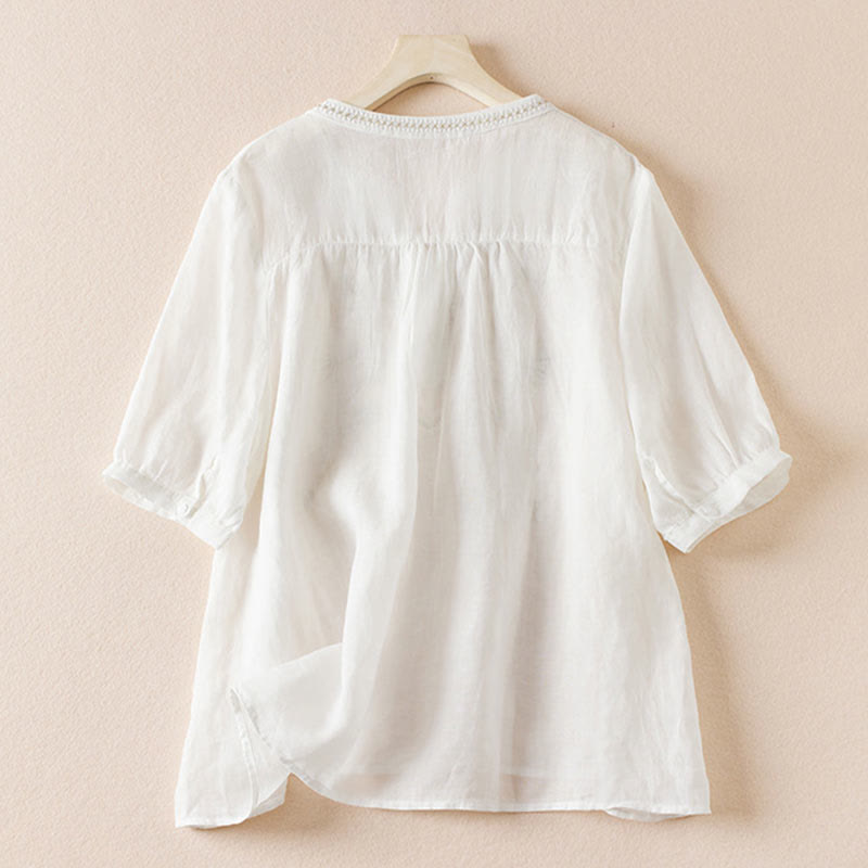 Camisa de algodón de manga corta con cuello en V y diseño de plantas bordadas informales con Buddha Stones para mujer - image 9