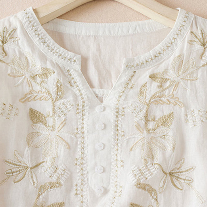 Camisa de algodón de manga corta con cuello en V y diseño de plantas bordadas informales con Buddha Stones para mujer - image 10