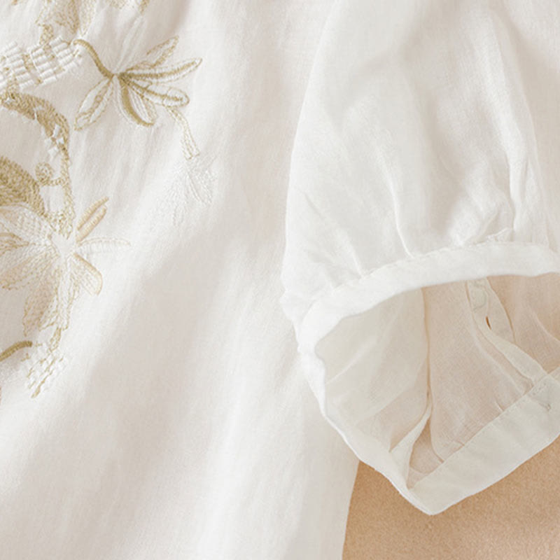 Camisa de algodón de manga corta con cuello en V y diseño de plantas bordadas informales con Buddha Stones para mujer - image 13