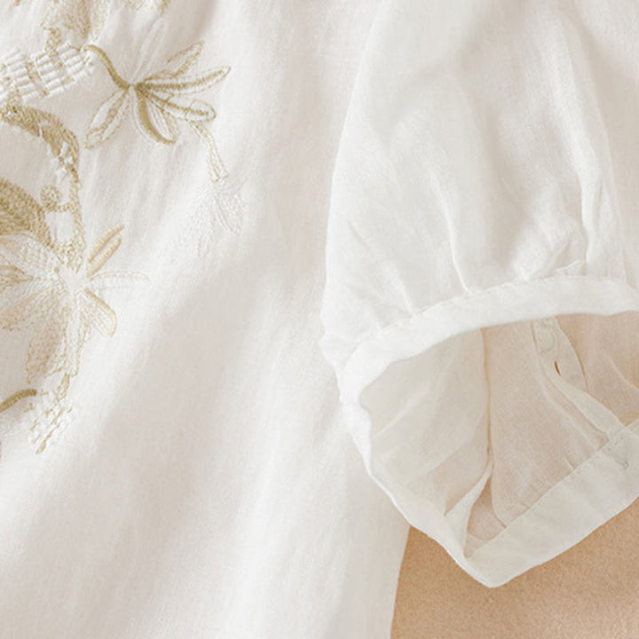 Camisa de algodón de manga corta con cuello en V y diseño de plantas bordadas informales con Buddha Stones para mujer - image 13