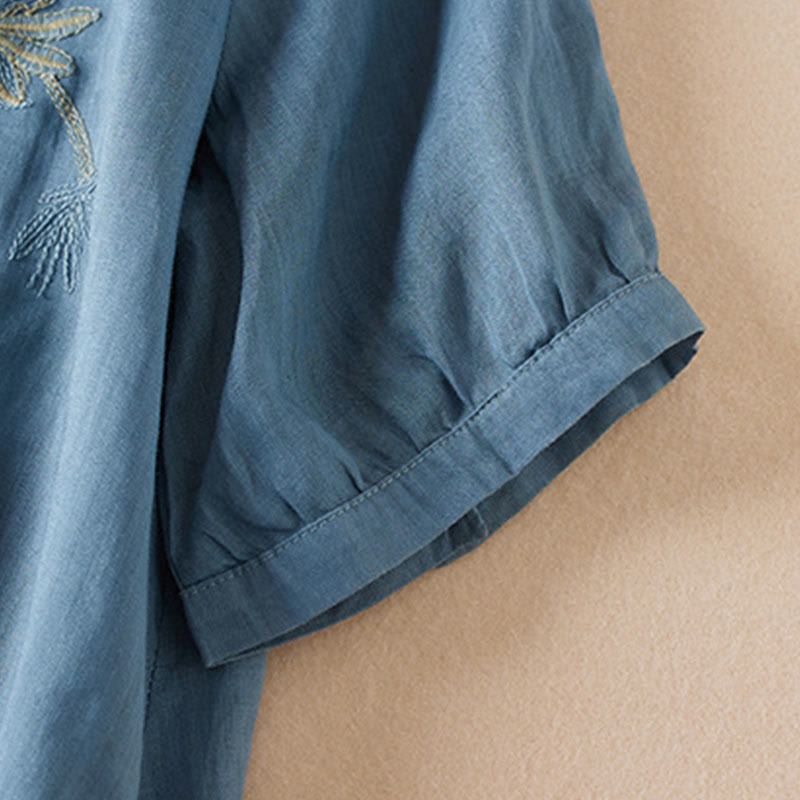 Camisa de algodón de manga corta con cuello en V y diseño de plantas bordadas informales con Buddha Stones para mujer - image 19