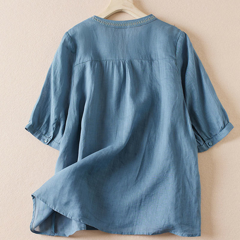 Camisa de algodón de manga corta con cuello en V y diseño de plantas bordadas informales con Buddha Stones para mujer - image 16